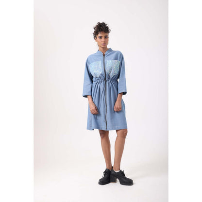September Spring Sequence Denim Drawstring Dress - Blue
