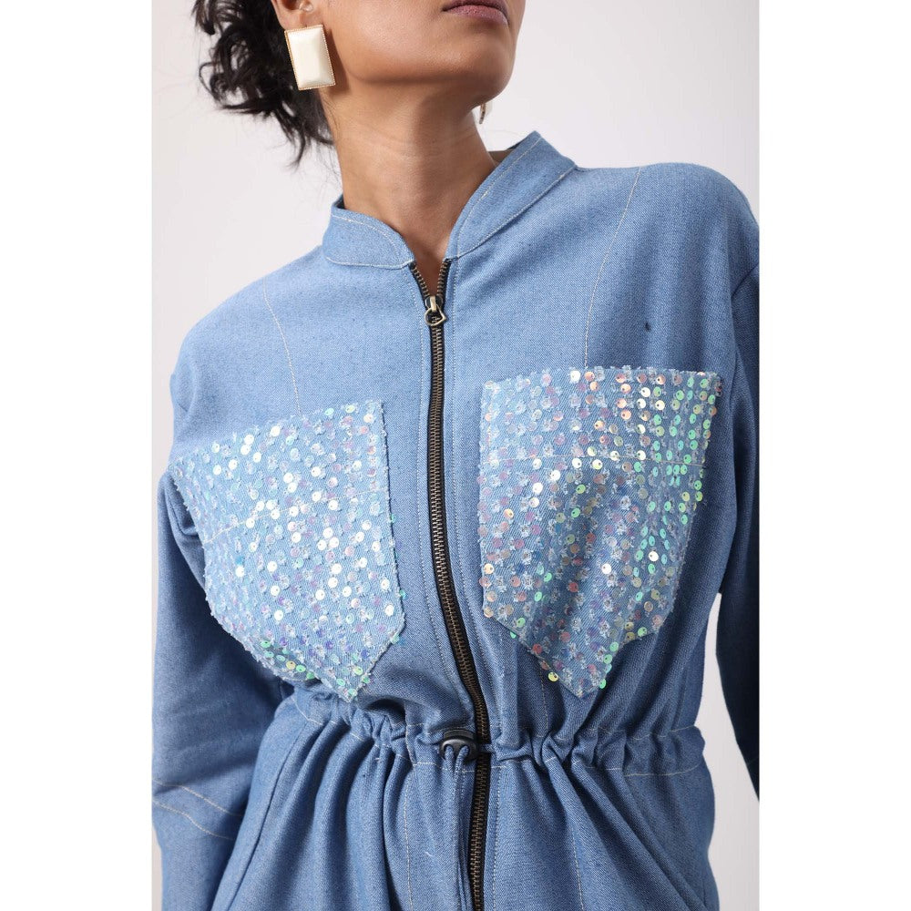 September Spring Sequence Denim Drawstring Dress - Blue