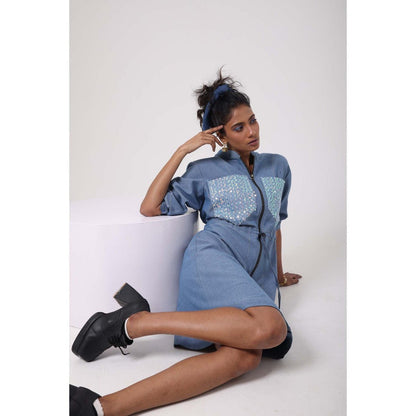September Spring Sequence Denim Drawstring Dress - Blue