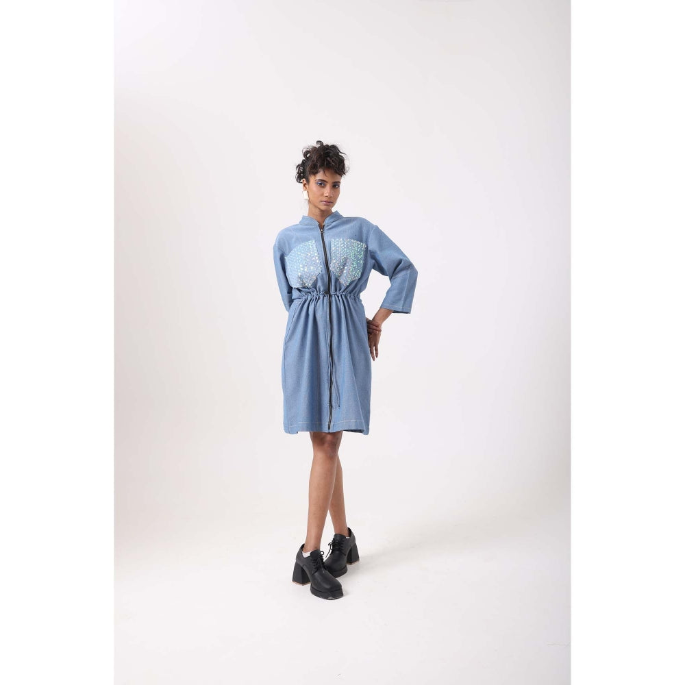 September Spring Sequence Denim Drawstring Dress - Blue