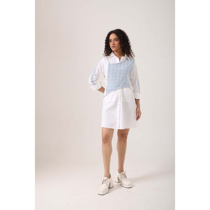 September Spring Crochet Denim Bib Shirt Dress - Multi-Color