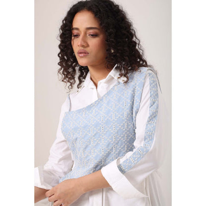 September Spring Crochet Denim Bib Shirt Dress - Multi-Color