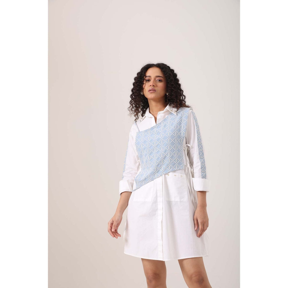 September Spring Crochet Denim Bib Shirt Dress - Multi-Color