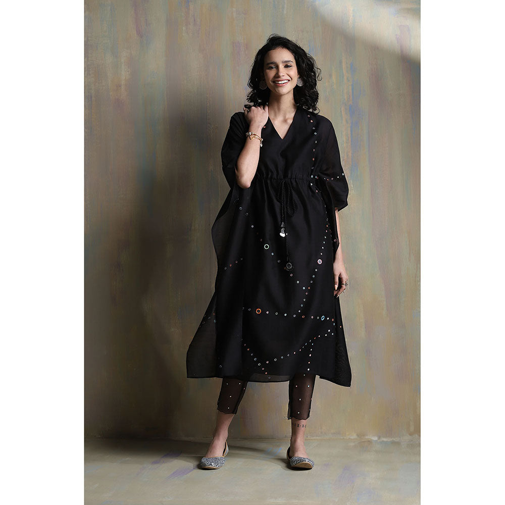 Charkhee Black Chanderi Kaftan with Pants (Set of 2)