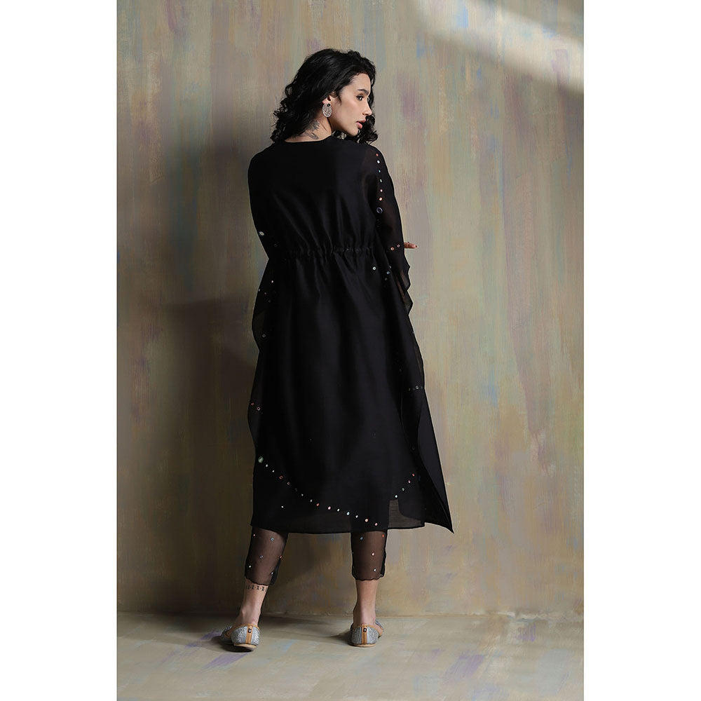 Charkhee Black Chanderi Kaftan with Pants (Set of 2)