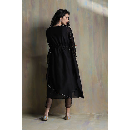 Charkhee Black Chanderi Kaftan with Pants (Set of 2)