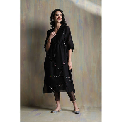 Charkhee Black Chanderi Kaftan with Pants (Set of 2)