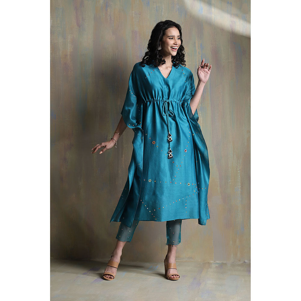 Charkhee Turquoise Chanderi Kaftan with Pants (Set of 2)