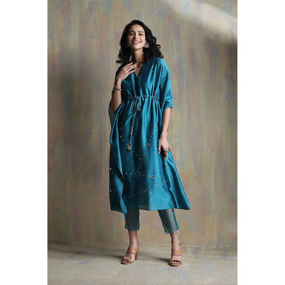 Charkhee Turquoise Chanderi Kaftan with Pants (Set of 2)