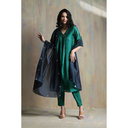 Charkhee Emerald Green High Slit Kurta (Set of 3)