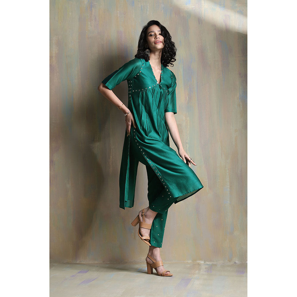 Charkhee Emerald Green High Slit Kurta (Set of 3)