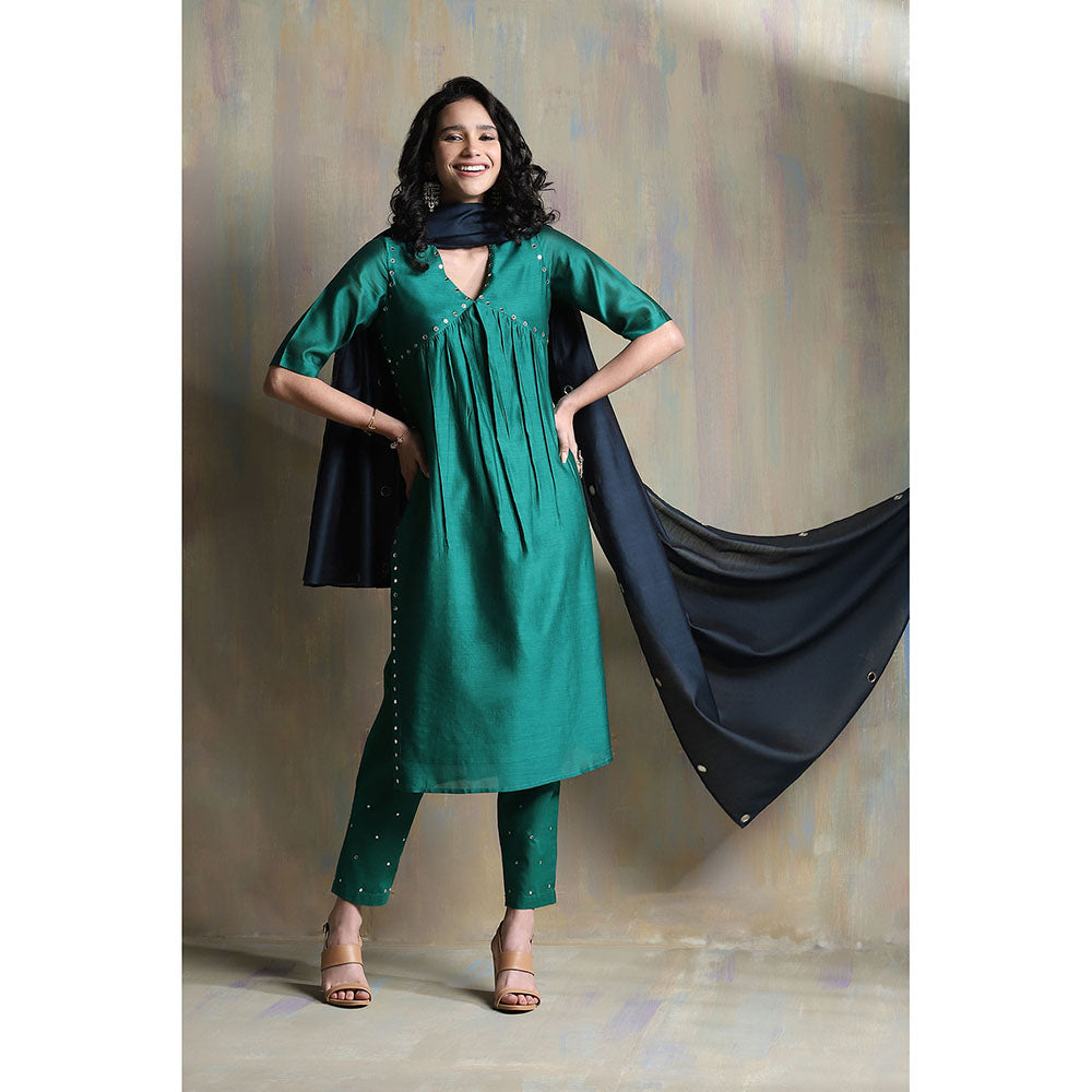 Charkhee Emerald Green High Slit Kurta (Set of 3)