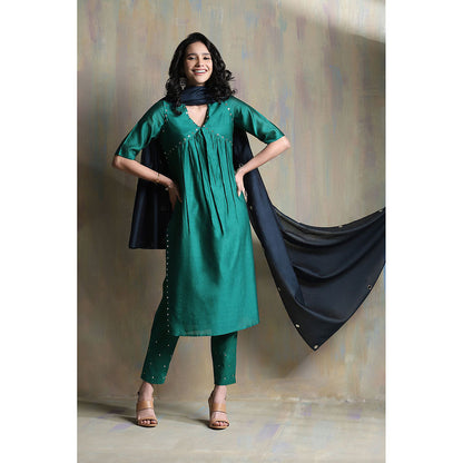 Charkhee Emerald Green High Slit Kurta (Set of 3)