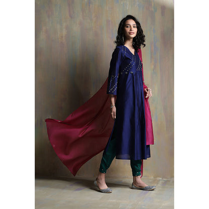 Charkhee Sapphire Blue Chanderi Kurta with Joggers (Set of 3)