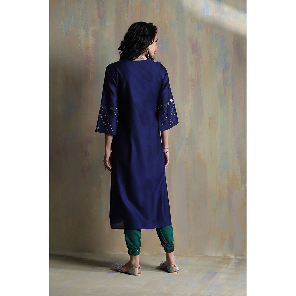 Charkhee Sapphire Blue Chanderi Kurta with Joggers (Set of 3)