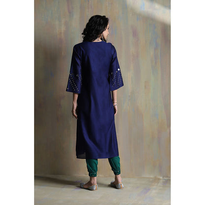Charkhee Sapphire Blue Chanderi Kurta with Joggers (Set of 3)