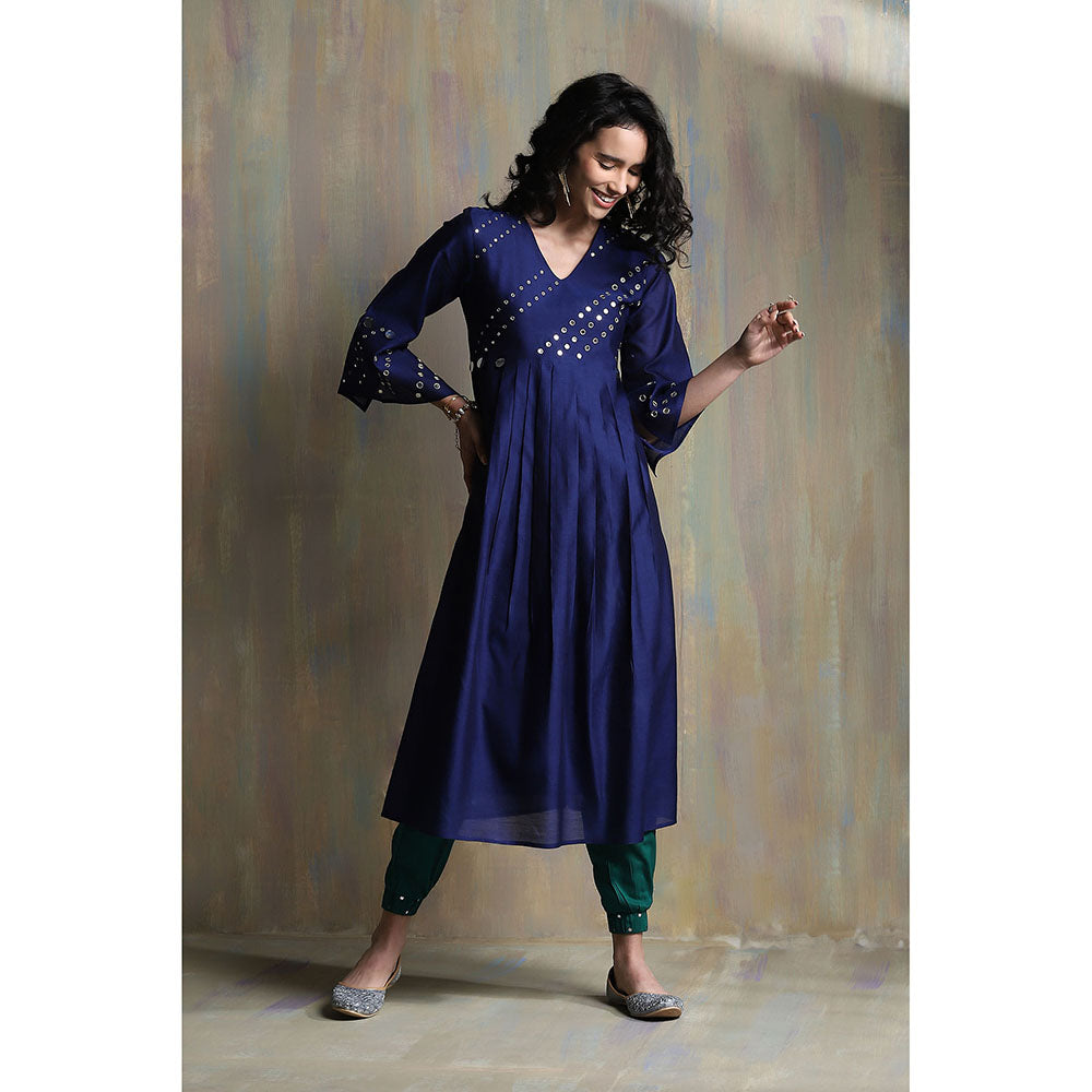 Charkhee Sapphire Blue Chanderi Kurta with Joggers (Set of 3)