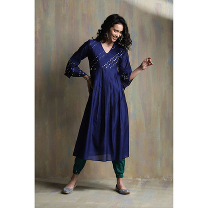 Charkhee Sapphire Blue Chanderi Kurta with Joggers (Set of 3)