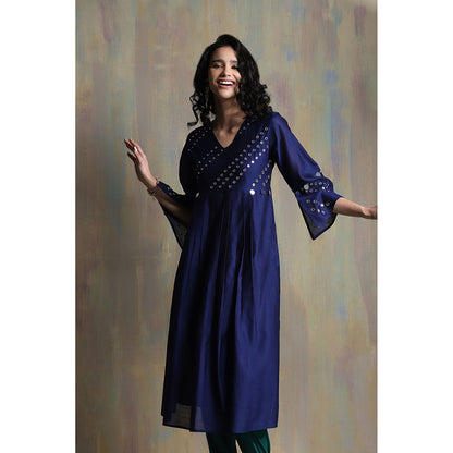 Charkhee Sapphire Blue Chanderi Kurta with Joggers (Set of 3)