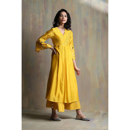 Charkhee Sunflower Yellow Bell Sleeves Palazzo (Set of 3)