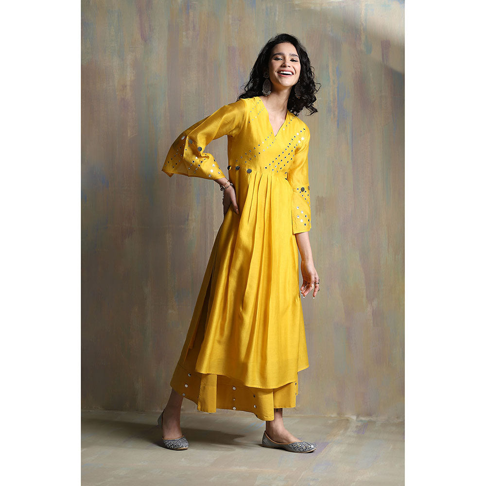 Charkhee Sunflower Yellow Bell Sleeves Palazzo (Set of 3)