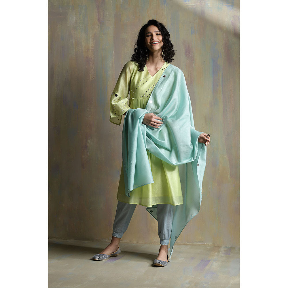 Charkhee Lime Yellow Chanderi Kurta with Joggers (Set of 3)