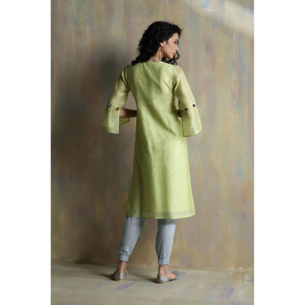 Charkhee Lime Yellow Chanderi Kurta with Joggers (Set of 3)