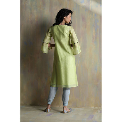 Charkhee Lime Yellow Chanderi Kurta with Joggers (Set of 3)