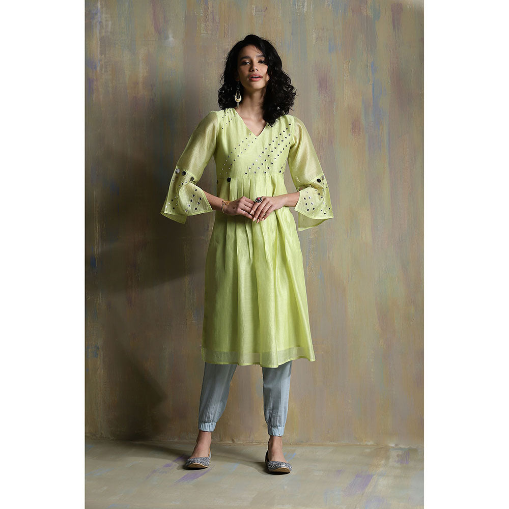 Charkhee Lime Yellow Chanderi Kurta with Joggers (Set of 3)