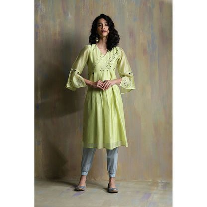 Charkhee Lime Yellow Chanderi Kurta with Joggers (Set of 3)