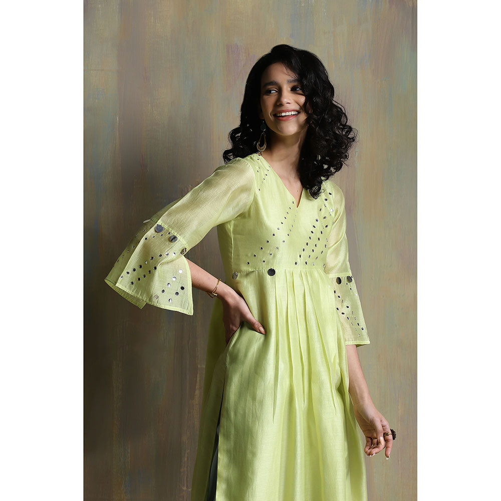 Charkhee Lime Yellow Chanderi Kurta with Joggers (Set of 3)