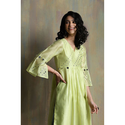 Charkhee Lime Yellow Chanderi Kurta with Joggers (Set of 3)