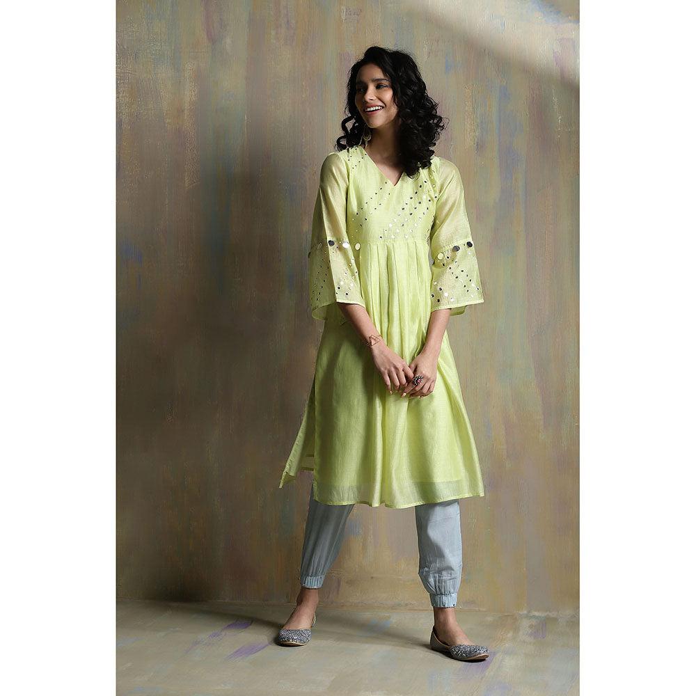 Charkhee Lime Yellow Chanderi Kurta with Joggers (Set of 3)
