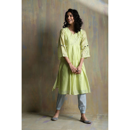Charkhee Lime Yellow Chanderi Kurta with Joggers (Set of 3)