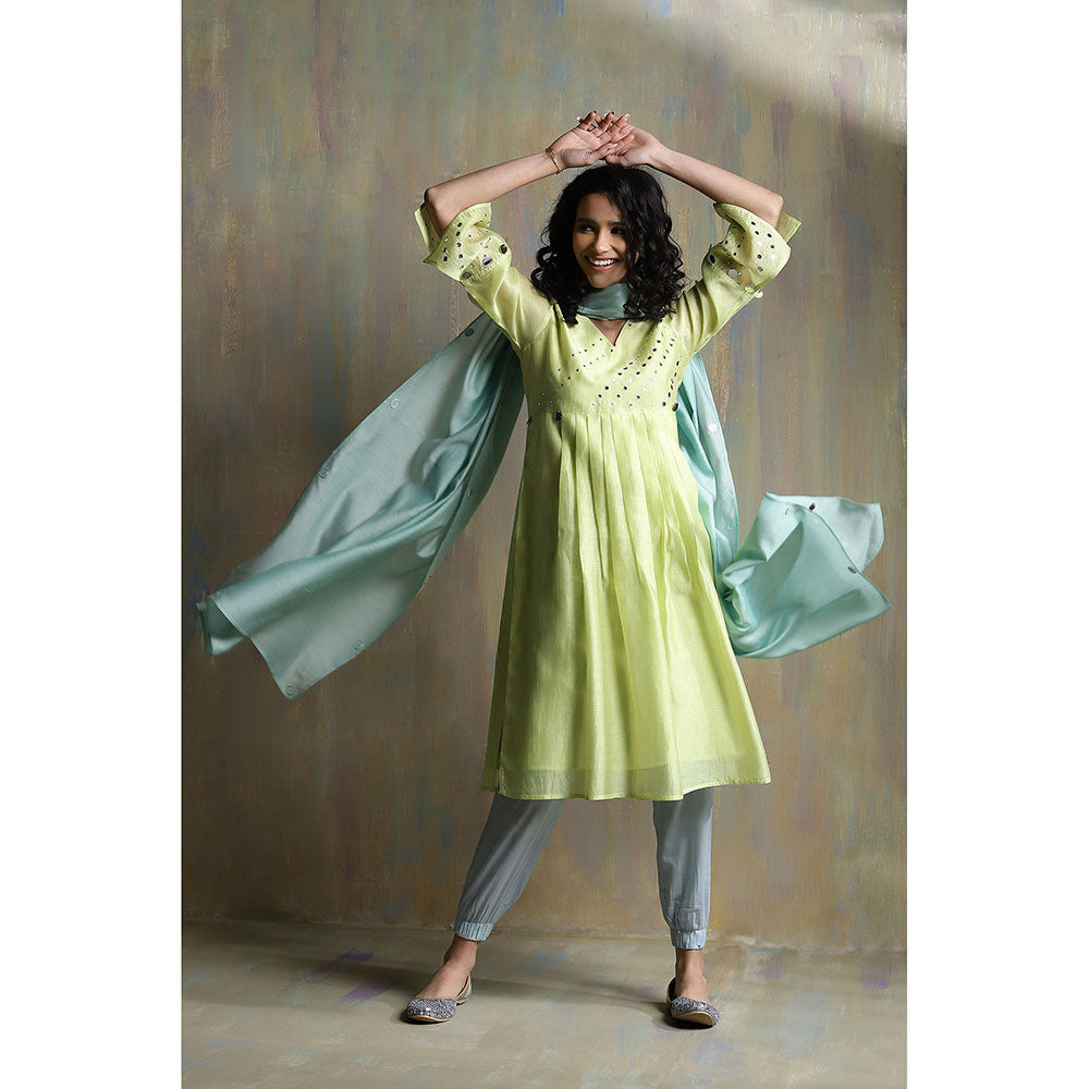 Charkhee Lime Yellow Chanderi Kurta with Joggers (Set of 3)