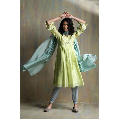 Charkhee Lime Yellow Chanderi Kurta with Joggers (Set of 3)