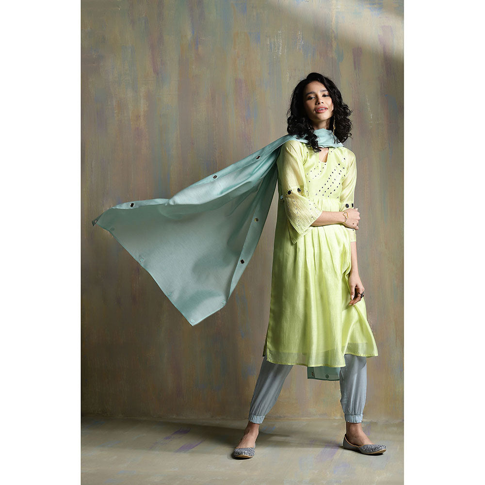 Charkhee Lime Yellow Chanderi Kurta with Joggers (Set of 3)