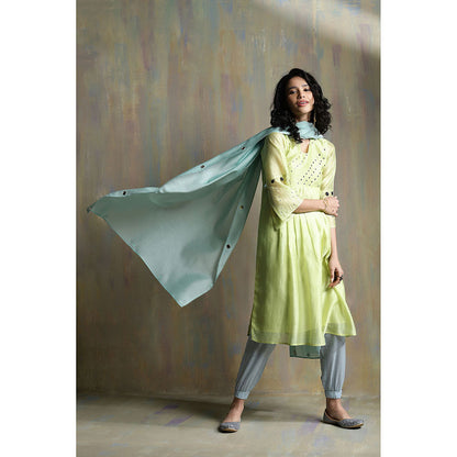 Charkhee Lime Yellow Chanderi Kurta with Joggers (Set of 3)