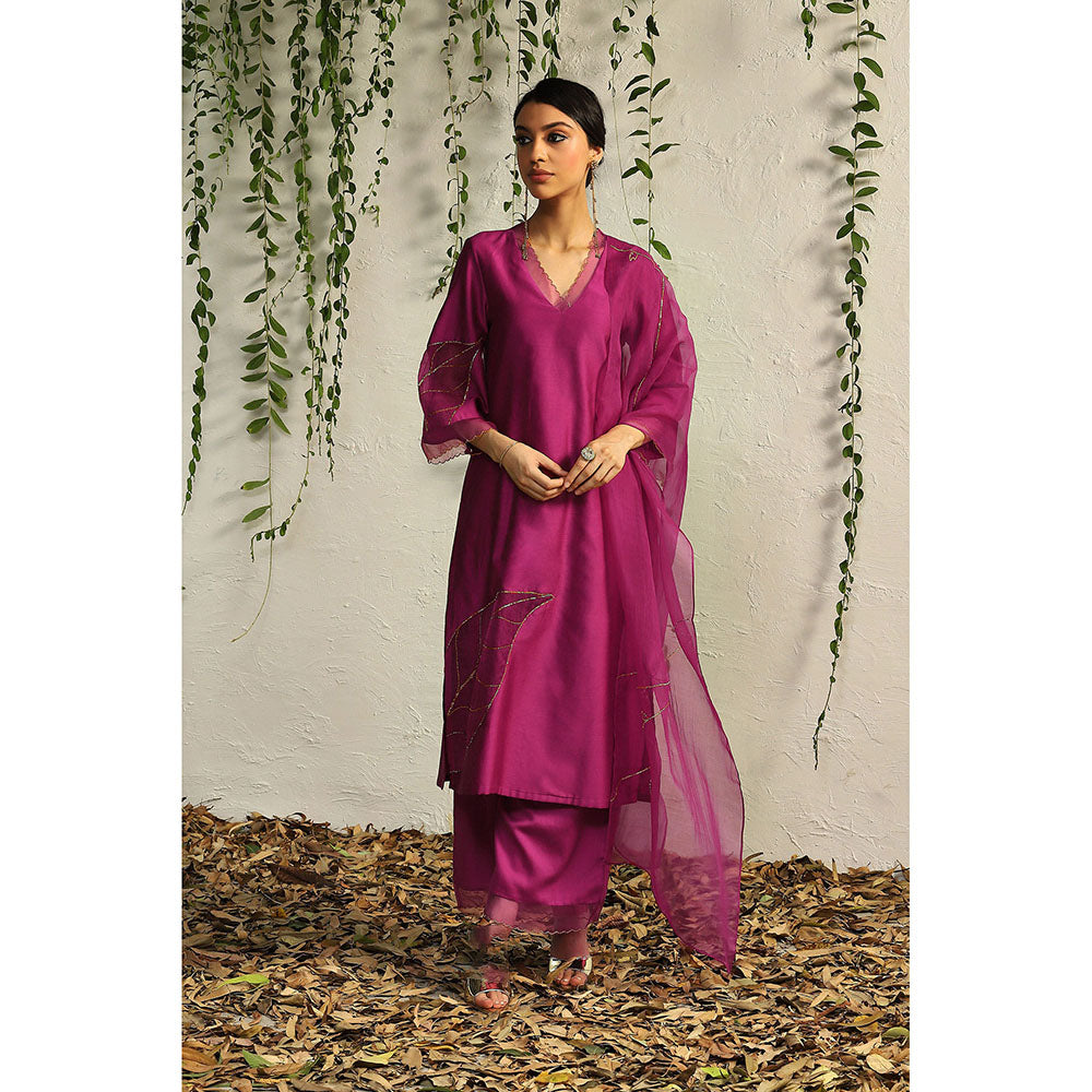 Charkhee Purple Chanderi Straight Kurta with Pants and Dupatta (Set of 3)