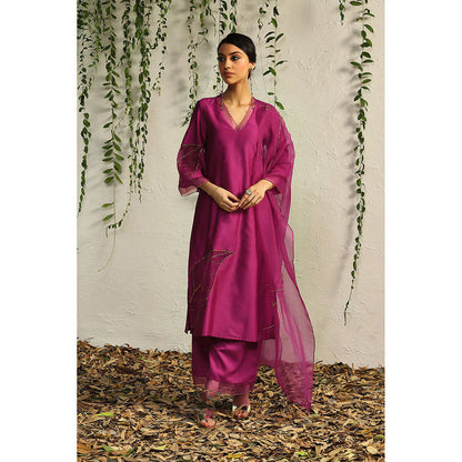 Charkhee Purple Chanderi Straight Kurta with Pants and Dupatta (Set of 3)
