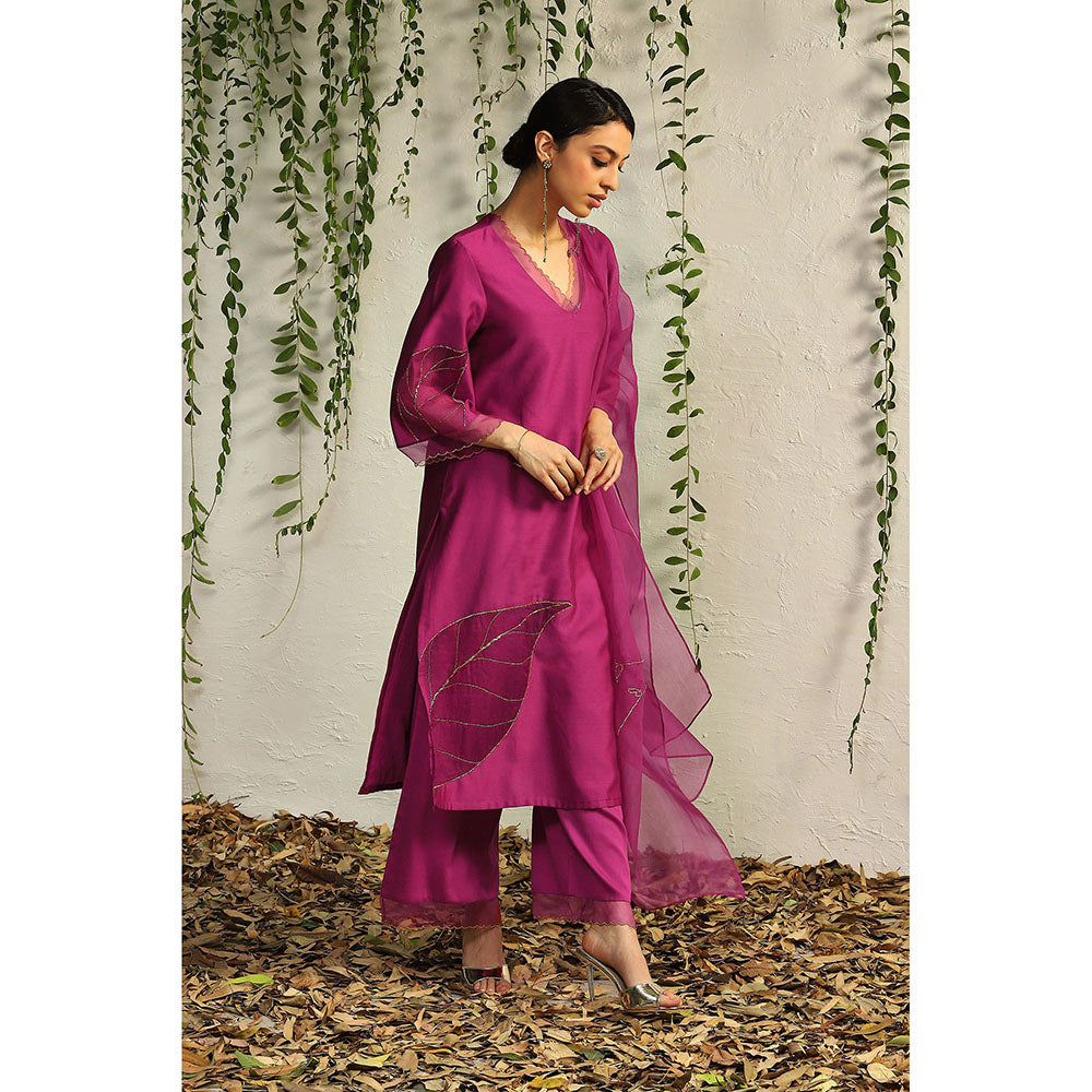 Charkhee Purple Chanderi Straight Kurta with Pants and Dupatta (Set of 3)