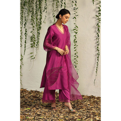 Charkhee Purple Chanderi Straight Kurta with Pants and Dupatta (Set of 3)