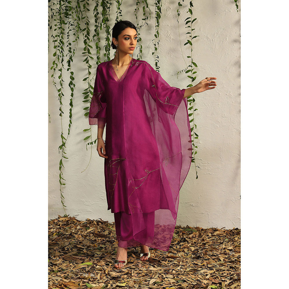 Charkhee Purple Chanderi Straight Kurta with Pants and Dupatta (Set of 3)