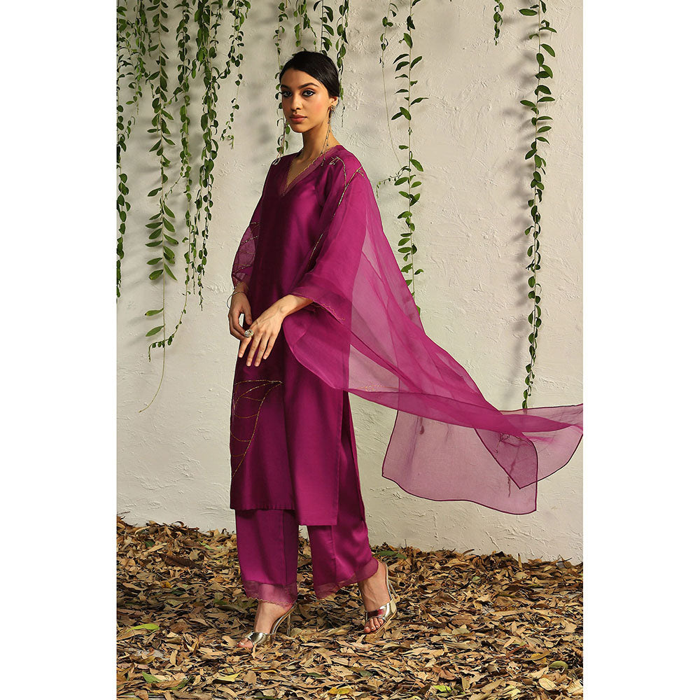 Charkhee Purple Chanderi Straight Kurta with Pants and Dupatta (Set of 3)