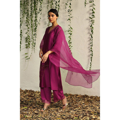 Charkhee Purple Chanderi Straight Kurta with Pants and Dupatta (Set of 3)