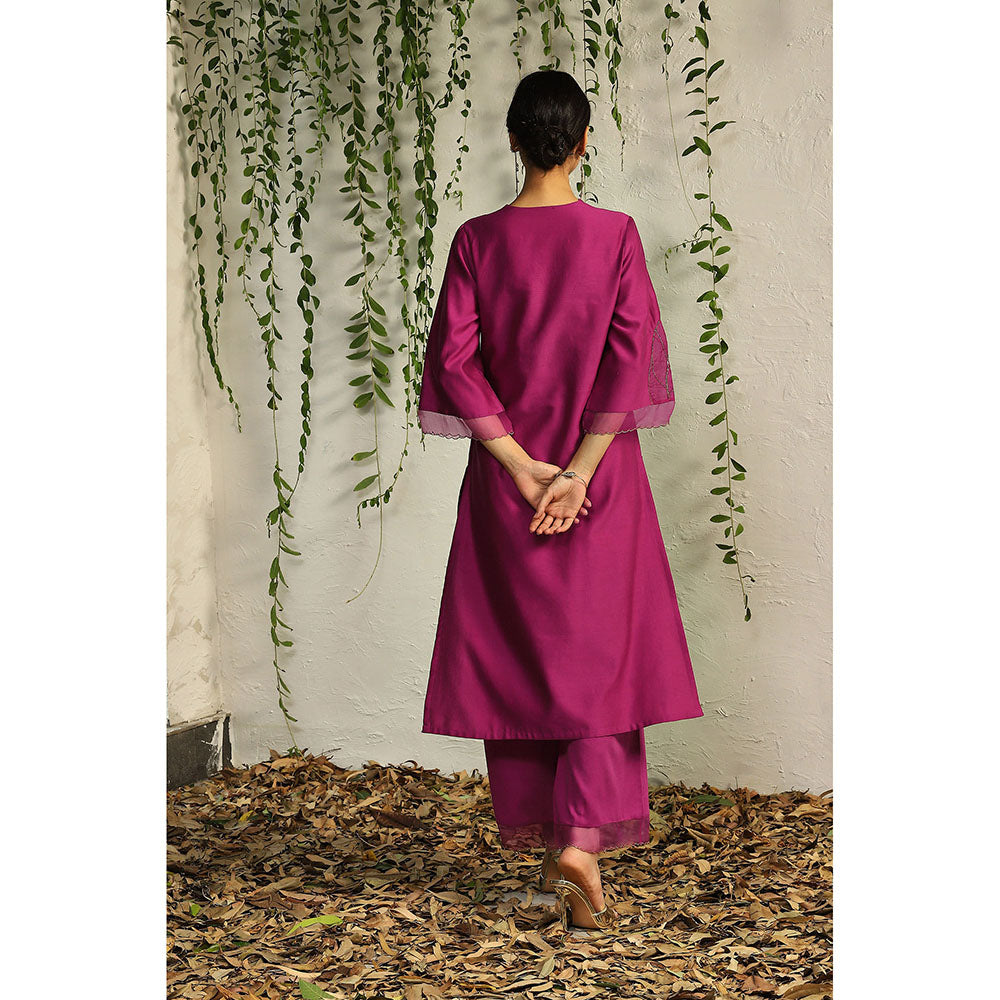 Charkhee Purple Chanderi Straight Kurta with Pants and Dupatta (Set of 3)