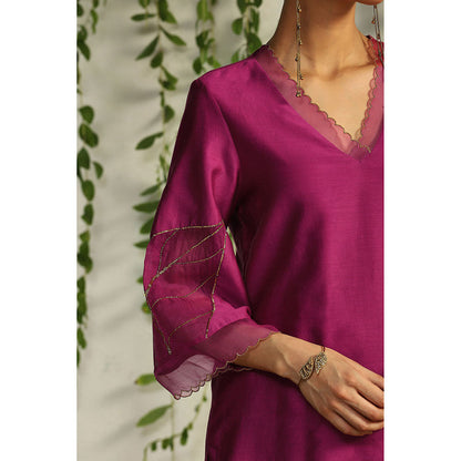 Charkhee Purple Chanderi Straight Kurta with Pants and Dupatta (Set of 3)