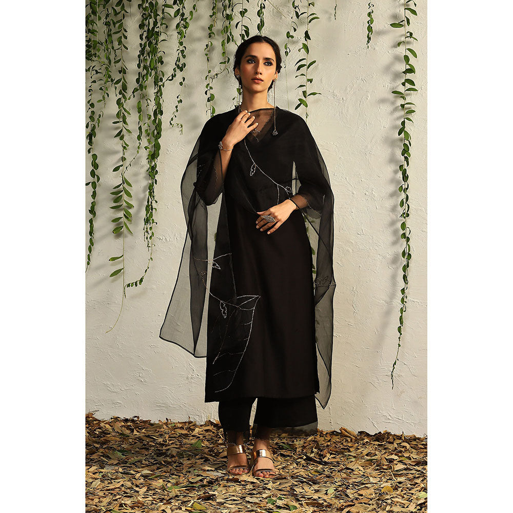 Charkhee Black Chanderi Straight Kurta with Pants and Dupatta (Set of 3)