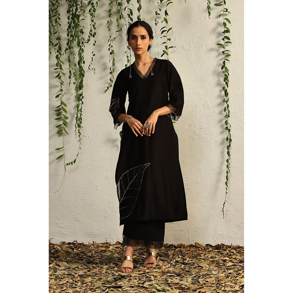 Charkhee Black Chanderi Straight Kurta with Pants and Dupatta (Set of 3)