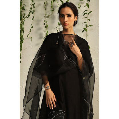 Charkhee Black Chanderi Straight Kurta with Pants and Dupatta (Set of 3)